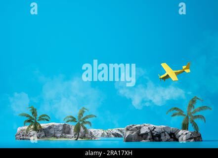 Reise- und Urlaubskonzepte, 3D Illustrationen von Insel, Kokospalmen und Flugzeugen mit blauem Hintergrund. 3D-Rendering Stockfoto