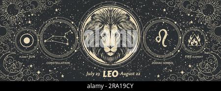 Leo Zodiac-Zeichen, modernes mystisches Astrologie-Banner mit schwarzem Hintergrund, Horoskop-Konstellation, Symbole der Alchemie und Astronomie. Vintage-Vektor-eso Stock Vektor