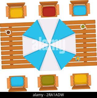 Sommer-Tisch im Freien mit Sonnenschirm und Stühlen Stock Vektor