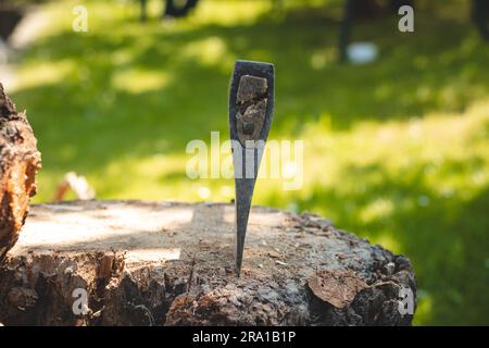 Werkzeug zum Spalten von Holz in einem Baumstumpf. Eine alte, hausgemachte Axt mit einer scharfen Kante. An einem Sommerabend Holz spalten. Stockfoto