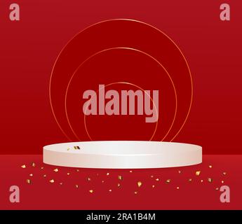 Abstract 3D-Sockel oder Podium mit weißem Zylinder und glänzendem goldenen Ring. Rote minimale Wandszene für die Präsentation von Kosmetikprodukten. Vector geomet Stock Vektor