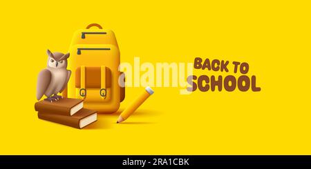 Zurück zum coolen Banner mit 3D-Darstellung einer Eule, die mit Bleistift und Rucksack auf Bokks sitzt, Bildungskonzept Stock Vektor
