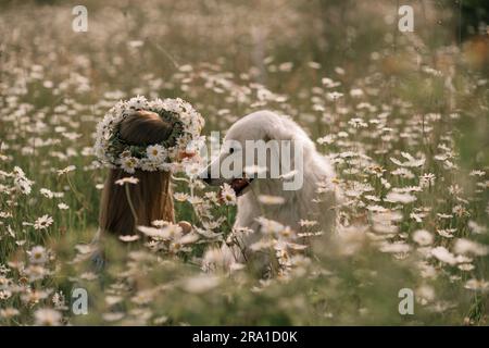 Mädchenhund Wiesen-Kamille. Ein Kind begrüßt ihren pelzigen Freund Maremma Sheepdog in einem ruhigen Kamillenfeld, umgeben von üppigem Grün. Liebe und Stockfoto