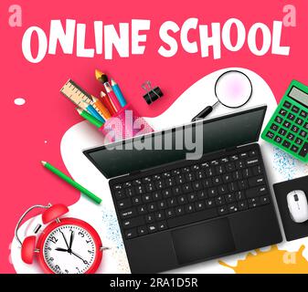 Online-Vektordesign für Schulen. Online-Text für die Schule mit Laptop, Computer und Schülerelementen für den E-Learning-Kurs an Hochschulen. Vektordarstellung Stock Vektor