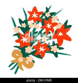 Handgezeichnete Illustration roter, bunter Blumen, Wildblumen in einem Blumenstrauß mit Schleifenband. Für Dankeskarte Glückwunsch, geblümtes Blattdesign, Gartenblüte im Kritzelstil Stockfoto