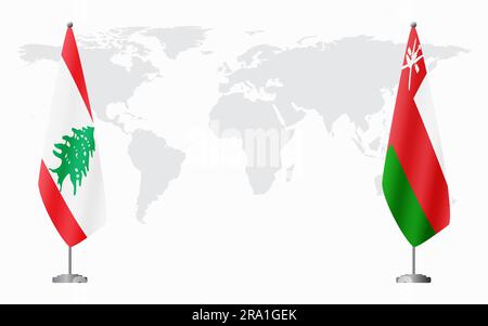 Libanesische und Oman-Flaggen für offizielles Treffen vor dem Hintergrund der Weltkarte. Stock Vektor
