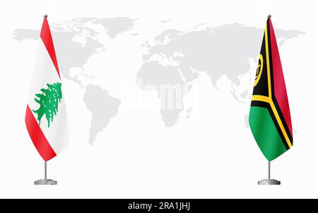 Libanesische und Vanuatu-Flaggen für offizielles Treffen vor dem Hintergrund der Weltkarte. Stock Vektor