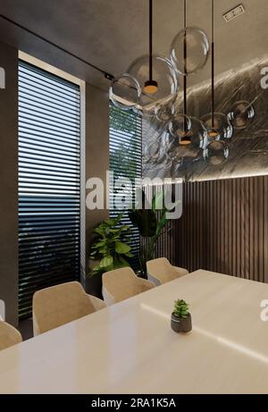 Moderne Einrichtung im Speisesaal zeitgenössische Einrichtung mit natürlichen Farbtönen im Raum, an den Wänden, am Boden und an der Decke. 3D-Rendering-Abbildung Stockfoto