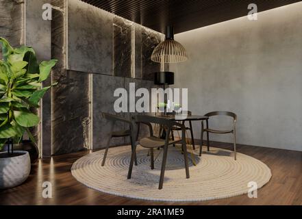 Moderne Einrichtung im Speisesaal zeitgenössische Einrichtung mit natürlichen Farbtönen im Raum, an den Wänden, am Boden und an der Decke. 3D-Rendering-Abbildung Stockfoto