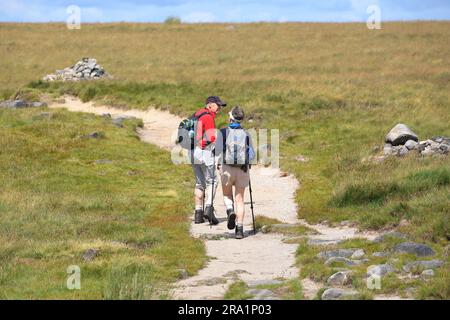 Ein älteres Paar Wanderer, die auf der Strecke Stöcke benutzen Stockfoto