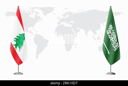 Libanesische und Saudi-arabische Flaggen für offizielle Treffen vor dem Hintergrund der Weltkarte. Stock Vektor