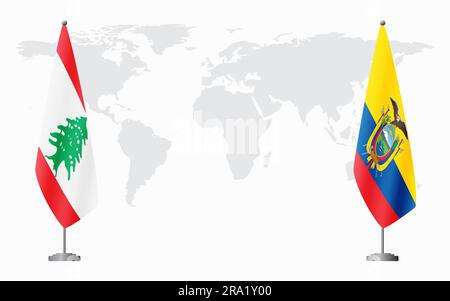 Libanesische und ecuadorianische Flaggen für offizielle Tagungen vor dem Hintergrund der Weltkarte. Stock Vektor