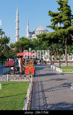 Gärten und Rote Karren, die Simits aka türkische Bagels verkaufen, mit der Sultan Ahmed aka Blaue Moschee dahinter, Sultanahmet Viertel, Istanbul, Türkei Stockfoto