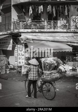 Eine Blumenverkäuferin schiebt ihr beladenes Fahrrad an einem Restaurant in Cau Go vorbei, in der Altstadt von Hanoi, Vietnam. Stockfoto