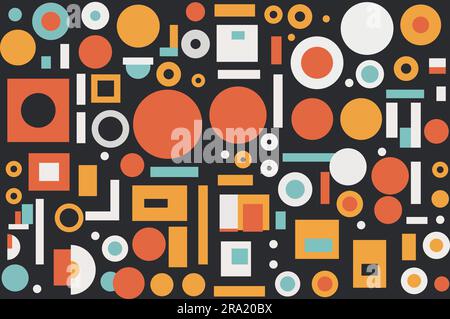 Minimales Bildmaterial aus zufälligen geometrischen Formen mit gedämpften Farben vor einem dunkelgrauen Hintergrund Kreise mit Quadraten, Blöcken, bunten, Retro, abstrakt Stock Vektor