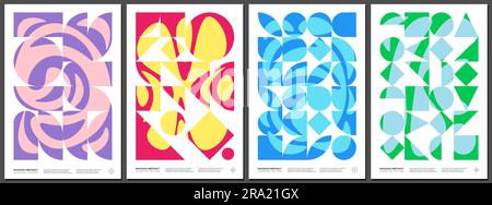 Abstrakte geometrische bauhaus-Kunstwerke. Poster-Set im Brutalistischen Stil mit einfachen Formen und flüssiger Mischung. Memphis-Muster-Hintergrundsammlung. Moderne Grafikgemälde im Retro-Stil. Kunstdrucke Stock Vektor
