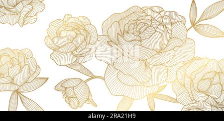 Goldenes Muster mit Vektorblüten, Rosenlinien in japanischem Stil. Luxuriöse handgezeichnete Blumen zum Verpacken, Post in sozialen Medien, Cover, Banner Stock Vektor