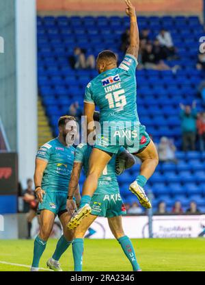 Warrington, Cheshire, England, 29. Juni 2023. Leeds Rhinos Richie Myler feiert seinen Versuch während der Warrington Wolves V Leeds Rhinos im Halliwell Jones Stadium, der Betfred Super League, Warrington (Kreditbild: ©Cody Froggatt/Alamy Live News) Stockfoto