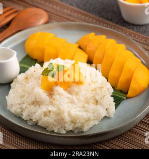 Köstlicher klebriger Reis aus thailändischer Mango mit geschnittenen frischen Mangofrüchten auf einem Teller mit grauem Tischhintergrund. Stockfoto