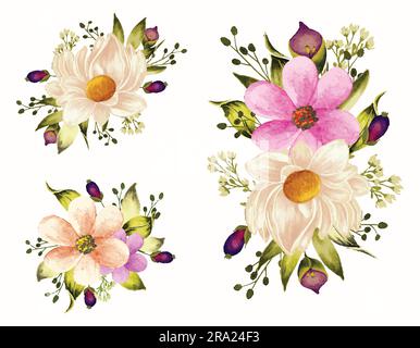 Aquarell-Bouquet-Vektormalerei mit Blumen und Blättern Stock Vektor