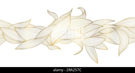 Vector Art déco, luxuriöses Blattmuster, goldener Hintergrund. Handgezeichnete wellige Pflanzen zum Verpacken, Post in sozialen Medien, Cover, Banner, kreativer Post und Stock Vektor