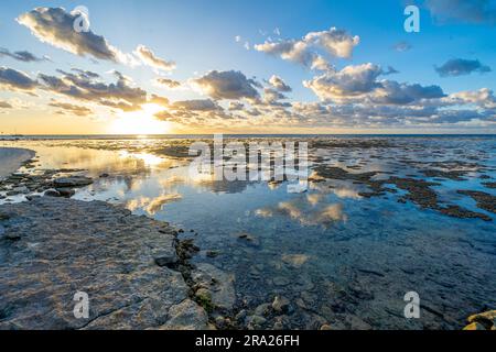 Sonnenuntergang bei Ebbe, Korallenlagune um Lady Elliot Island, Great Barrier Reef, Queensland, Australien Stockfoto