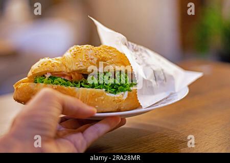 Halten Sie einen Teller mit frischem Croissant mit Lachs, Salat und philadelphia in den Händen. Bäckerei Stockfoto
