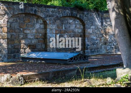 Bodenbelag einer Krypta auf dem Elias-Friedhof in Dresden. Die Särge waren übereinander gestapelt. Es kam zu großen Geruchsbelästigungen. Der Elias-Friedhof in Dresden ist seit 1876 stillgelegt und seit 1924 geschlossen Stockfoto