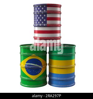 Alte Ölfässer mit Nationalflaggen der USA, Gabuns und Brasiliens. 3D-Rendering Stockfoto