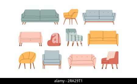 Trendiges, komfortables Sessel- und Sofaset. Weiche Möbel, luxuriöser Sessel, Sofa, handgezeichnete Vektorelemente Stock Vektor
