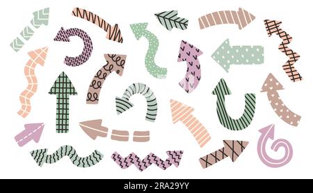 Handgezeichnetes Cartoon-Symbol mit Pfeilen in Pastelltönen. Großer Satz flacher Vektorpfeile. Konzeptspfeile für Webdesign, mobile Apps Stock Vektor