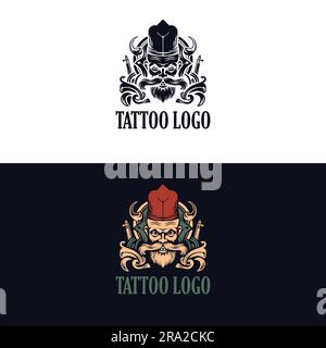 Design mit Tattoo-Logo. Krieger mit Hut und lange Schnurrbart-Vektorvorlage. Stock Vektor