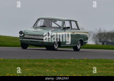 Mark Burton, Graham Pattle, Lotus Ford Cortina Mk1, HRDC Jack Sears Trophy für 1958-1966 Touring Cars, ein 45-minütiges Rennen mit der Option sec Stockfoto