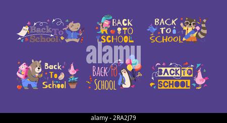 Ein Set süßer Zeichentricktiere und Vögel, die Bücher lesen. Zurück in die Schule. Stock Vektor