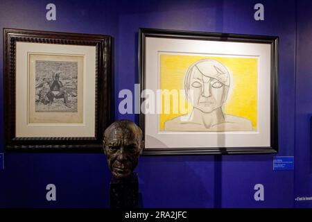 Frankreich, Alpes Maritimes, Mougins, Mougins Classical Art Museum, zwei Werke von Begleitern von Pablo Picasso: Rechts, Pablo auf gelbem Hintergrund, Porträt von Picasso von Francoise Gilot, Bleistift und Buntstifte auf Papier (1946). Auf der linken Seite ist ein Foto von Picasso von Dora Maar mit der Unterschrift und dem Titel Picasso mit Ochsenschädel. In der Mitte steht Picassos Modell, Skulptur von Gabriël Sterck Stockfoto