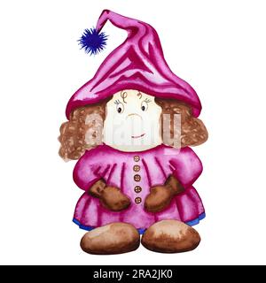 Aquarell-Zwerg. Handgezeichnetes Aquarellgemälde eines Mädchens - ein Zwerg in einem pinkfarbenen Kleid und Hut. Für Ihr Design auf weißem Hintergrund Stockfoto