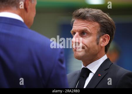 Brüssel, Belgien. 29. Juni 2023. Der französische Präsident Emmanuel Macron wird vor der Tagung des Europäischen Rates am 29. Juni 2023 in Brüssel (Belgien) abgebildet. Kredit: Zheng Huansong/Xinhua/Alamy Live News Stockfoto