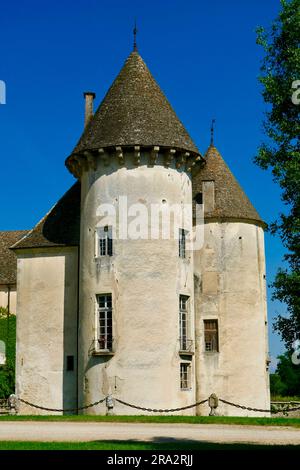 Frankreich, Cote d'Or, Burgund, das von der UNESCO zum Weltkulturerbe erklärt wurde, Cote de Beaune, Savigny les Beaune, das Schloss mit Museen und Sammlungen von Flugzeugen, Rennwagen (Abarth) und Motorrädern Stockfoto