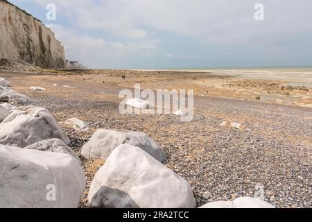 Frankreich, Somme, Baie de Somme, Ault, die Ebene unten an den Klippen von Ault, eine mondähnliche Kulisse aus Kalkstein und Feuerstein, die vom Meer gefressen wurde Stockfoto