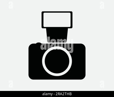 Symbol für Kamera mit Blitz. Digitale DSLR-Fotografie Fotoaufnahme Foto Foto Foto Foto Foto. Schwarzweiß-EPS-Signaturvektor für GrafikClipart-Bildsymbol Stock Vektor