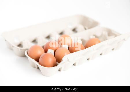 Detailansicht eines offenen Eierkarton aus recyceltem Karton mit einigen Eiern auf weißem Hintergrund und Kopierbereich. Stockfoto