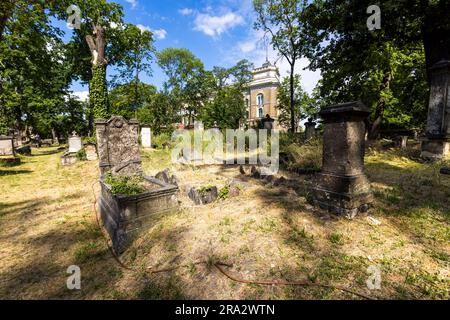 Elias Friedhof in Dresden. Der Friedhof in seinem heutigen Camposanto-Grundriss ist von Elbsandsteingebäuden umgeben und wurde zwischen 1722 und 1724 errichtet. Der Friedhof ist nicht für die Öffentlichkeit zugänglich. Der Elias-Friedhof in Dresden ist seit 1876 stillgelegt und seit 1924 geschlossen Stockfoto