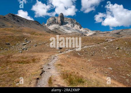 Wanderweg „Tour du Mont Thabor“ mit dem Gipfel des „Weißen Pferdes“ im Hintergrund, Haute-Maurienne, Val Frejus, Savoie (73), Frankreich Stockfoto