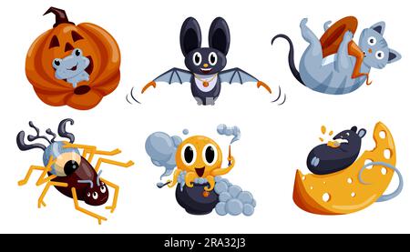 Cartoon-Set mit Halloween-Figuren. Fledermaus, Spinne, Frosch in Kürbis, Krake, Maus auf Käse, Katze mit Hut. Vektordarstellung isoliert auf einem weißen Bild Stock Vektor