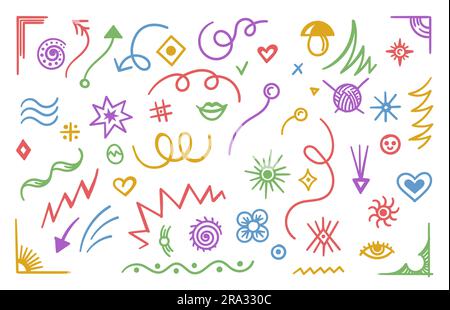 Abstrakte Doodle-Linien, Formen, Pfeile und gekritzelte Designelemente Stock Vektor