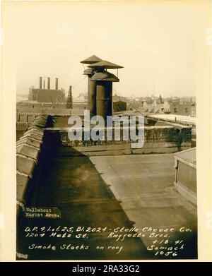 Foto von der Fassade des Wallabout Market, D.P. 4, Los 25, Gebäude 2024, 1204 Metz Street, Stella Cheese Co., Ruffetto Bros Rauchstapel auf dem Dach. Zeigt 2 Rauchstapel auf dem Dach mit einem Gesamtüberblick auf Gebäude in Brooklyn und das Hafengebiet im Hintergrund; gedruckt von Negativ 1056.. Stockfoto