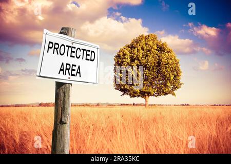 Geschützter Bereich auf einem Feldschild mit einem einsamen Baum in einem goldenen Weizenfeld - Schild auf dem Land - Konzeptbild. Stockfoto