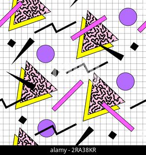 Nahtloses 90s-Muster. Grafik im Retro-Style. Vintage-Ästhetik. Geometrische Formen. Textildesign aus dem Jahr 1990. Abstraktes Dekorationsvektorbild. Psychedelisch Stock Vektor