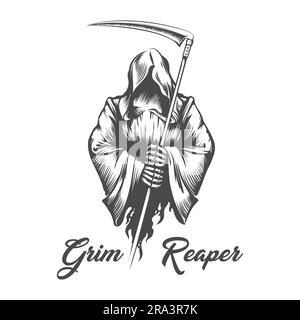 Eingravierendes Monochrom Tattoo von Grim Reaper Death mit Scythe isoliert auf weiß. Vektordarstellung Stock Vektor