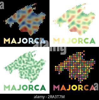 Mallorca Karte. Sammlung von Karten von Mallorca im gepunkteten Stil. Die Grenzen der Insel sind mit Rechtecken gefüllt. Vektorabbildung. Stock Vektor
